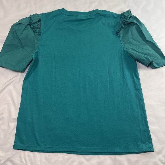 ENGLISH FACTORY Top Size M Teal Green Mini Ruffle Puff Sleeve Crew Neck T-Shirt - Picture 8 of 13